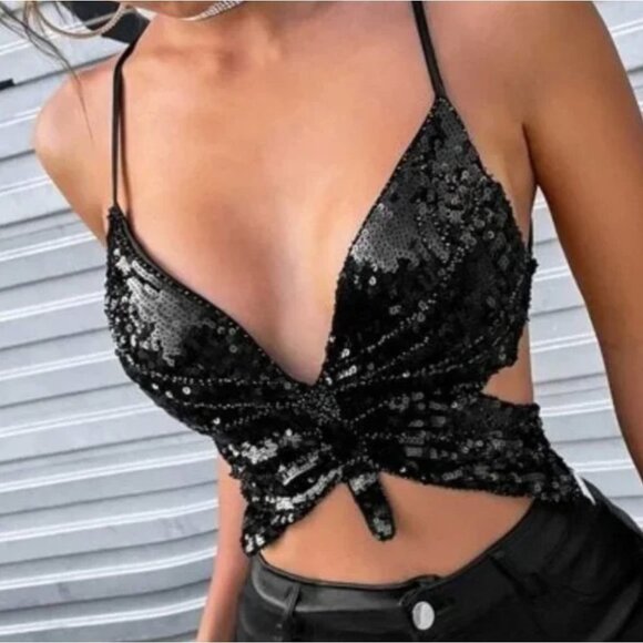 S/M‎ Sexy Black Sequin Butterfly Bustier V-Neck Sling Rave Club Crop Top - Picture 3 of 5